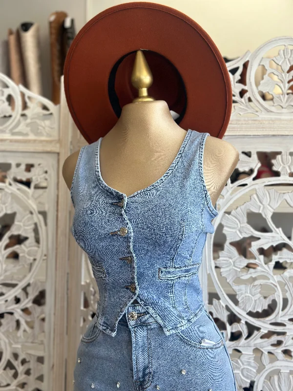 Denim Vest Button Top- Slightly  Stretchy