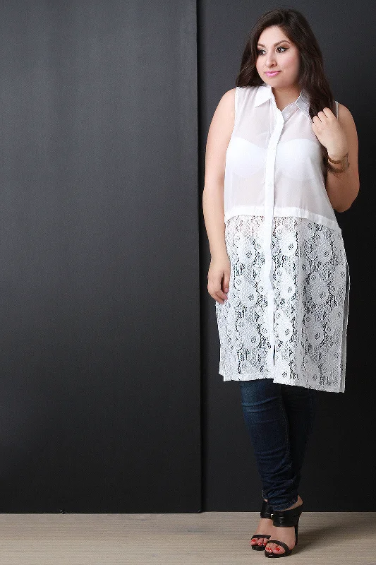 Semi-Sheer Floral Lace Sleeveless Button-Up Top