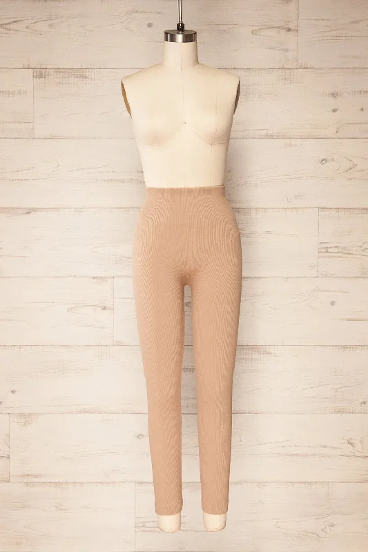 Quorena Beige | High-Waisted Ribbed Leggings