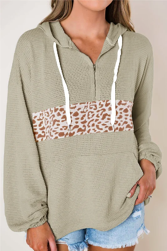 Casual Print Pocket Zipper Hooded Collar Tops