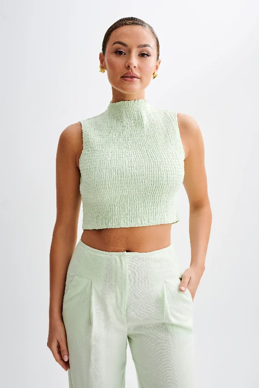 Emanuelle Sleeveless Linen Shirring Top - Mint