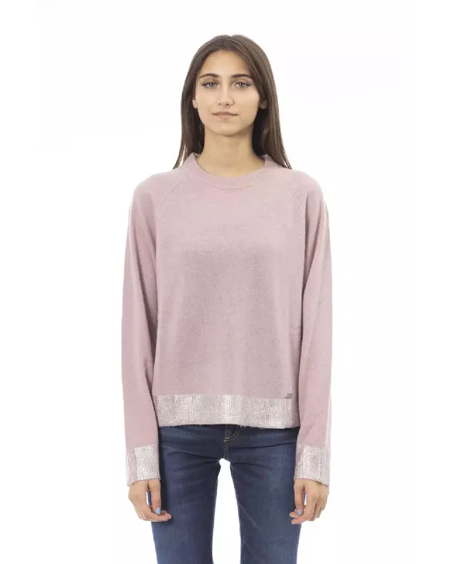 Ribbed Crew Neck Sweater with Long Sleeves and Metal Monogram Detail M Women