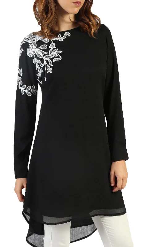 Selena Embroidered Long Modest Tunic - Black - PREORDER (ships in 2 weeks)