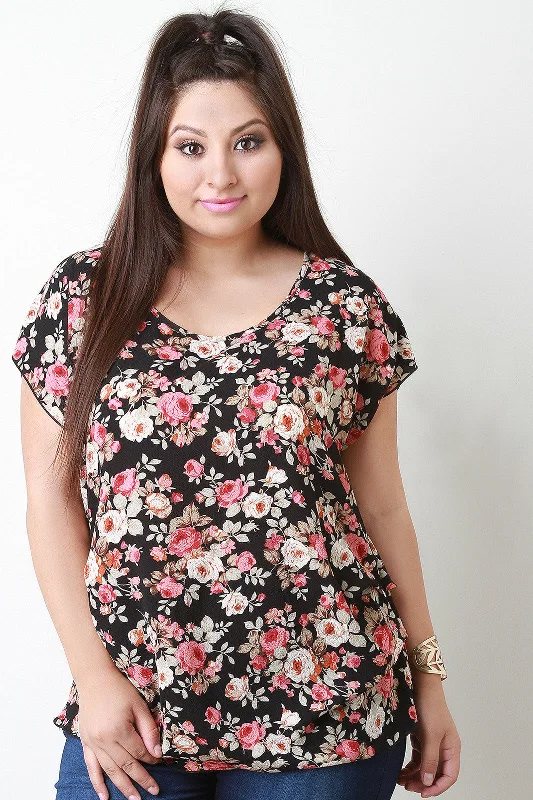 Semi Sheer Short Sleeves Floral Blouse