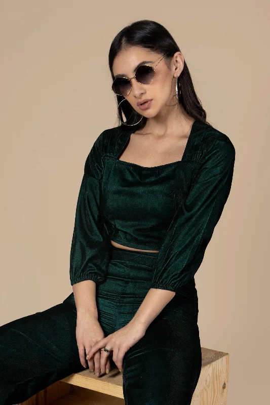 Dark Green Square Neck Velvet  Crop Top For Women