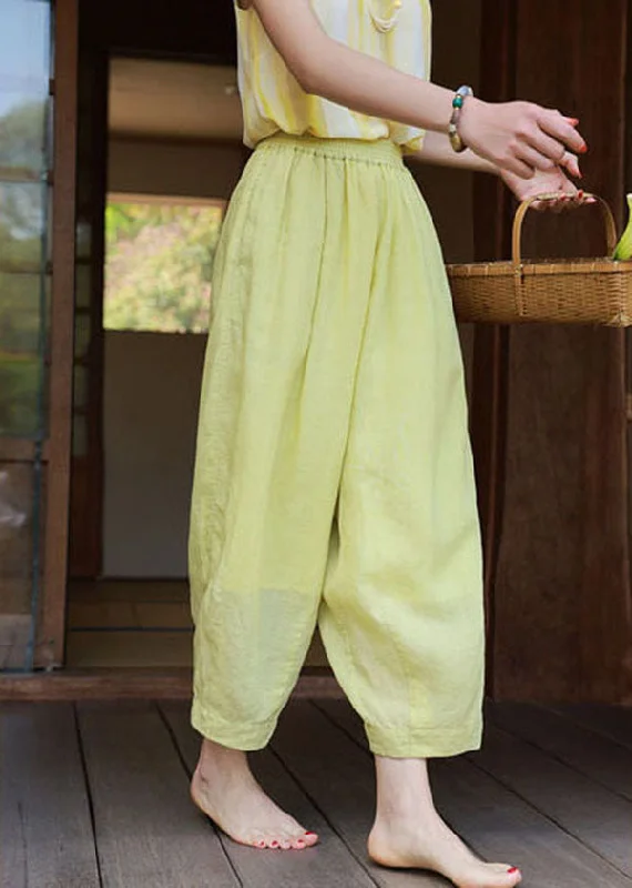 Art Light Green Elastic Waist Oversized Pockets Linen Harem Pants Summer