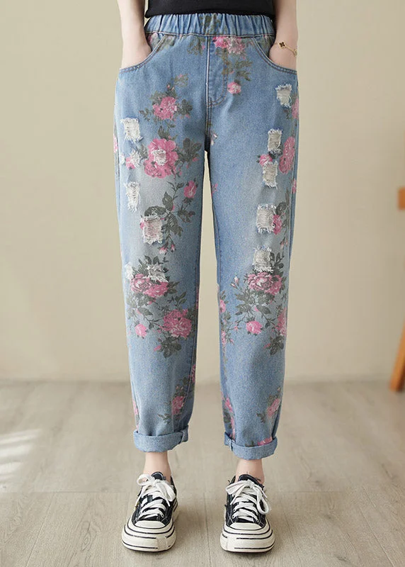 Beautiful Blue Print High Waist Denim Harem Pants