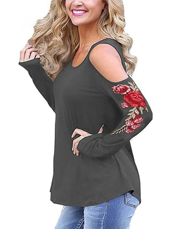 OEM ODM Cold Shoulder Embroidered Long Sleeve Grey T-Shirts