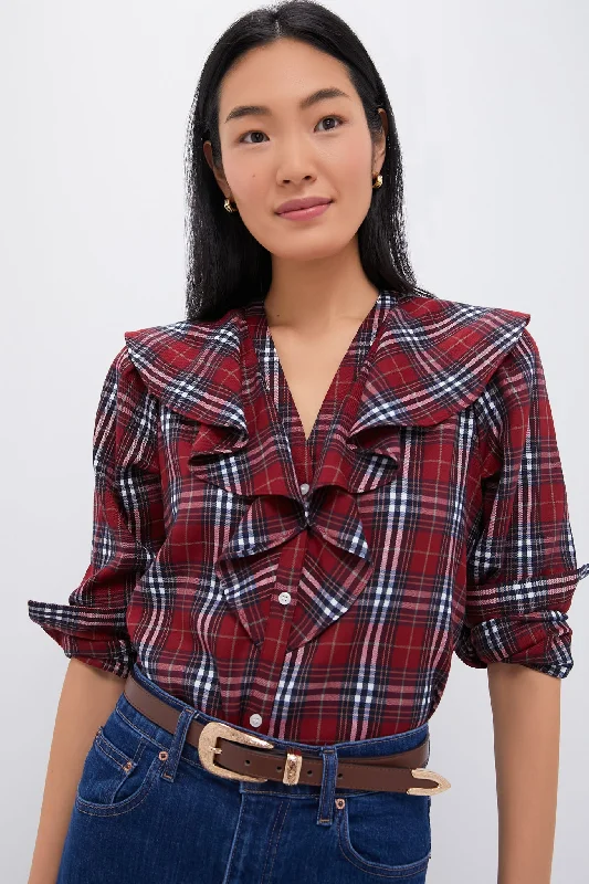 Red Plaid V Neck Ruffle Eileen Button Down