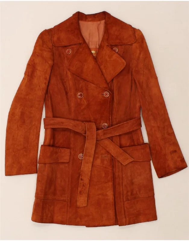 VINTAGE Womens Suede Double Breasted Coat UK 10 Small Brown