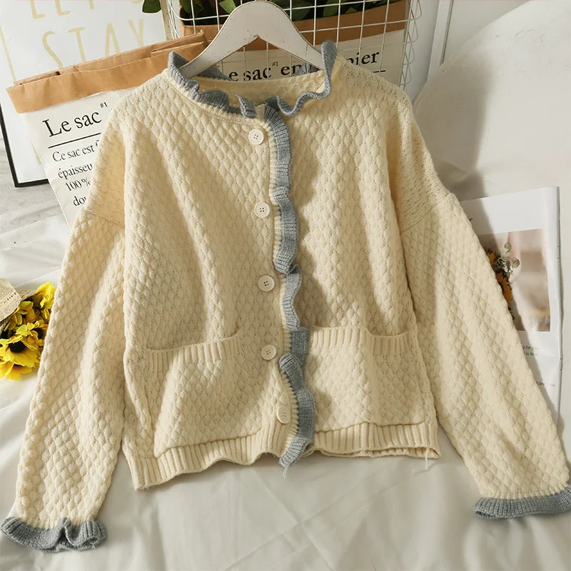 Hong Kong style retro color matching agaric edge single breasted cardigan sweater  1707