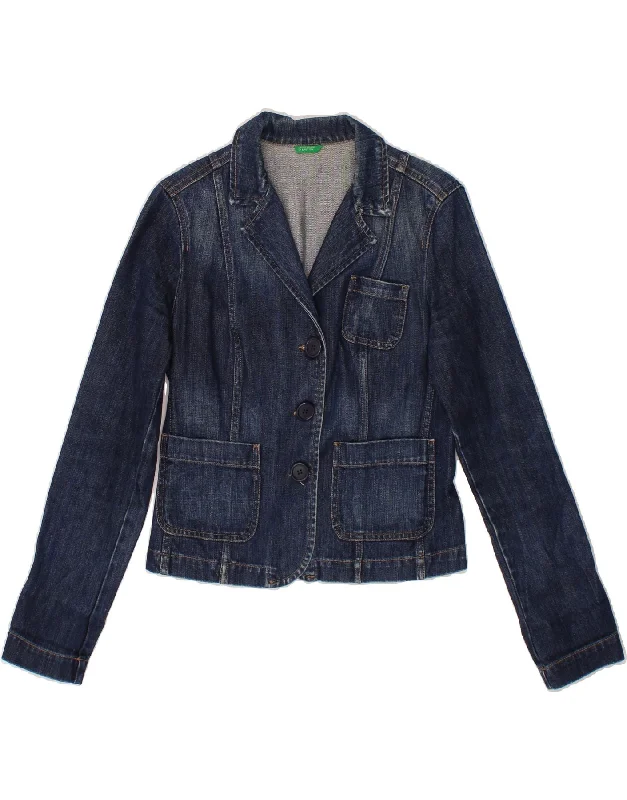 BENETTON Womens Crop Denim Jacket UK 10 Small Navy Blue