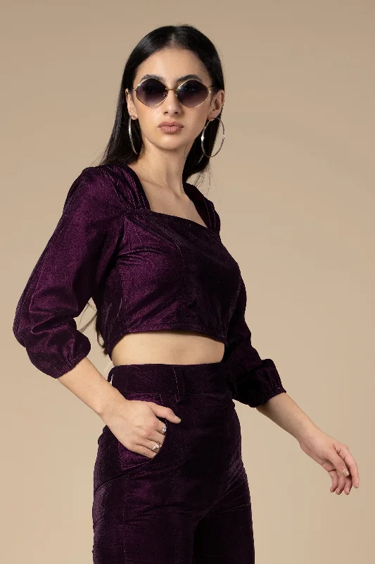 Wine Purple Square Neck Velvet  Crop Top For Women