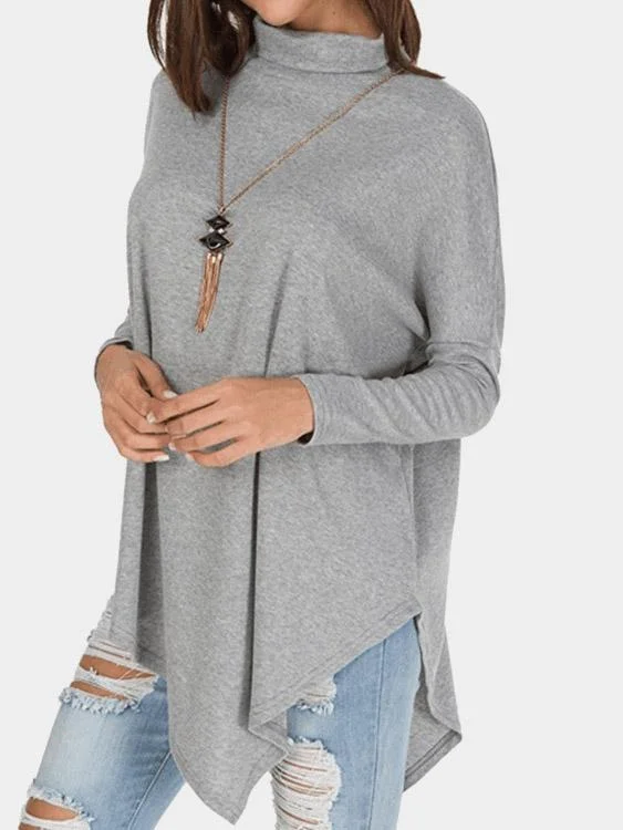 OEM ODM Roll Neck Plain Long Sleeve Irregular Hem Grey T-Shirts