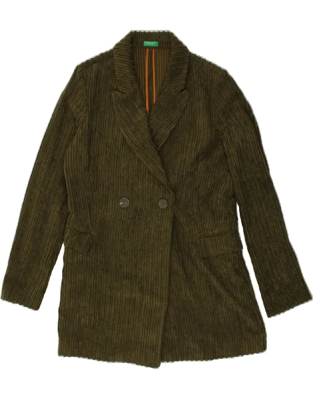 BENETTON Womens Double Breasted Corduroy Coat UK 12 Medium Green Striped