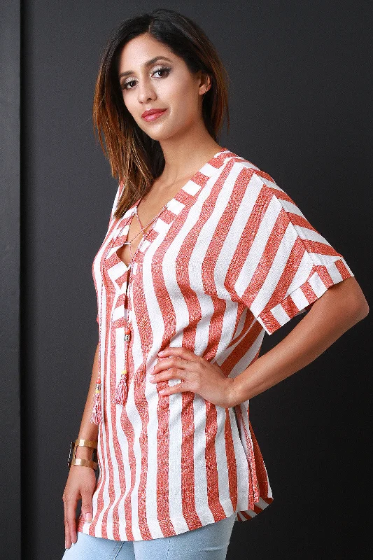 V-Neck Tassel Lace-Up Short Sleeve Stripe Boxy Top