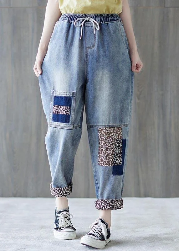 Beautiful Blue patchwork Pockets Cotton Pants Summer