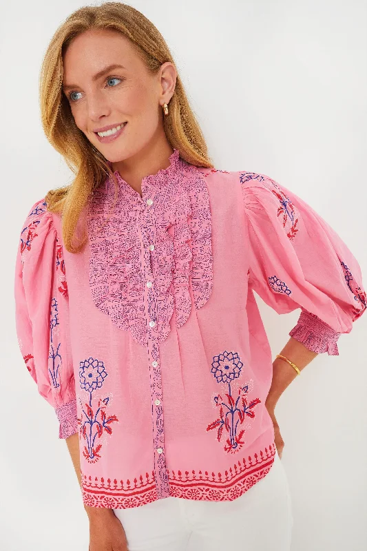 Boca Pink Ruffle Front Button Blouse