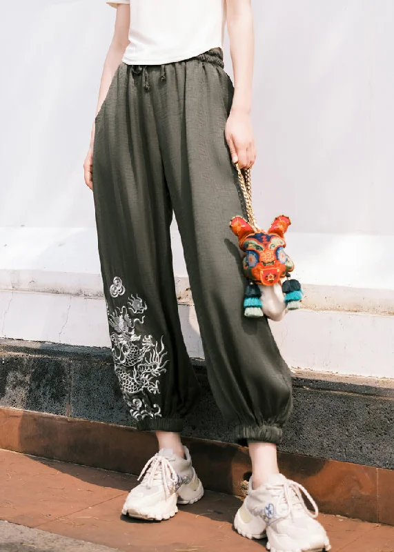 Boho Black Embroideried Pockets Tie Waist Crop Pants Fall