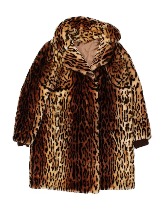 VINTAGE Womens Faux Fur Overcoat IT 42 Medium Brown Animal Print