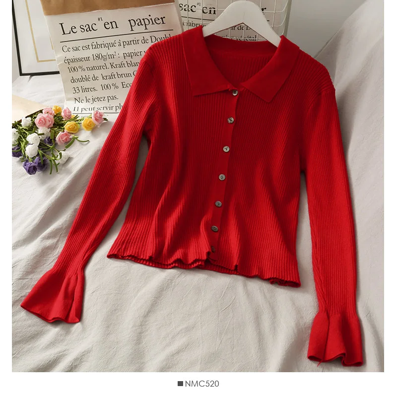 Lapel cardigan top female slim fit versatile sweater  1744