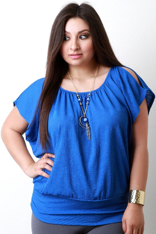 Texturized Cold Shoulder Dolman Necklace Top