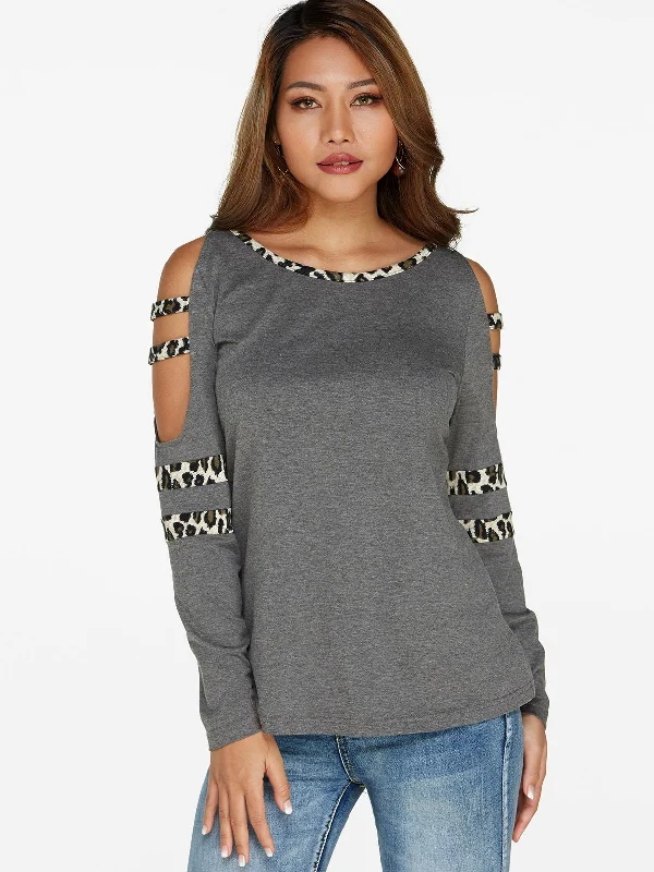 Wholesale Cold Shoulder Leopard Long Sleeve Grey T-Shirts