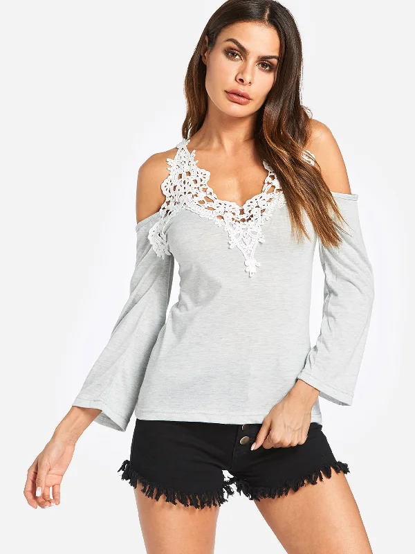 OEM ODM Cold Shoulder Lace Long Sleeve Grey T-Shirts