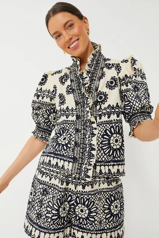 Dagmar Ivory and Navy Printed Zuri Top