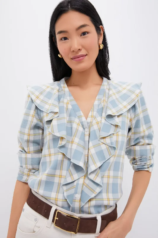 Blue Plaid V Neck Ruffle Eileen Button Down