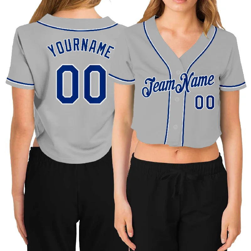 Custom Women's Gray Royal-White V-Neck Cropped Baseball Jersey