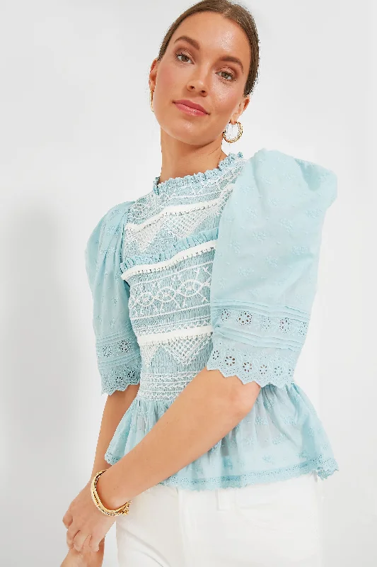 Blue Olga Hand Smocking Puff Sleeve Top