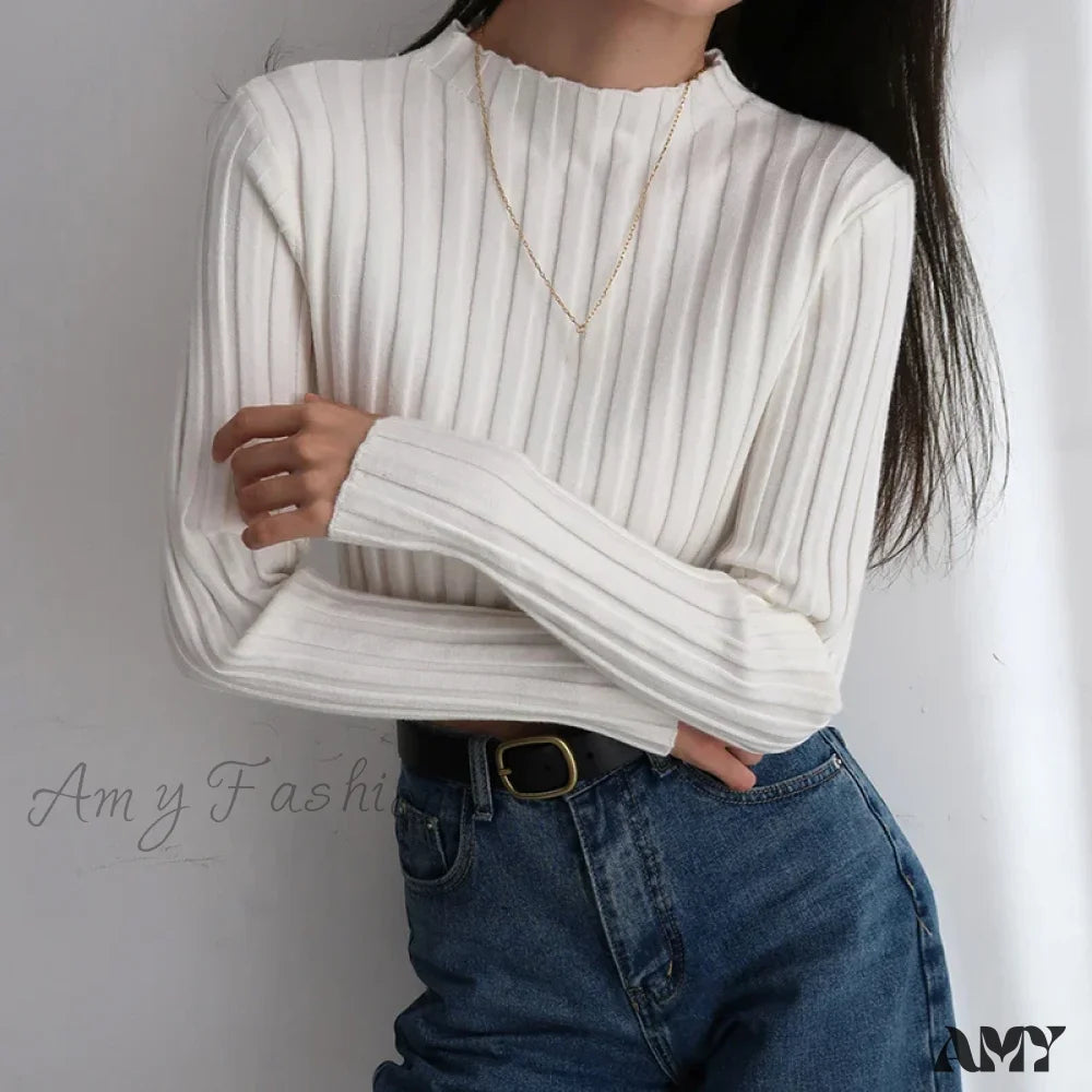 Retro Standing Neck Solid Color Minimalist Slim Fit Short Sweater