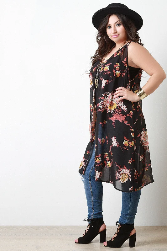 Semi Sheer Sleeveless Floral Kimono