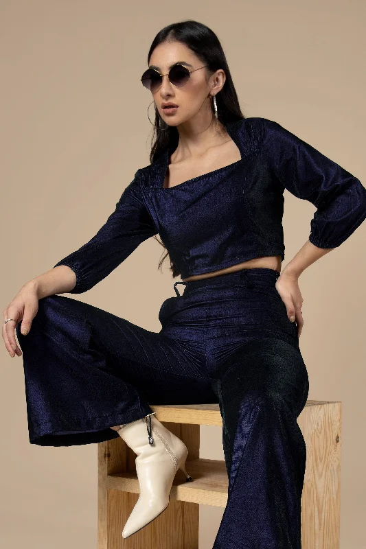 Navy Blue Square Neck Velvet  Crop Top For Women