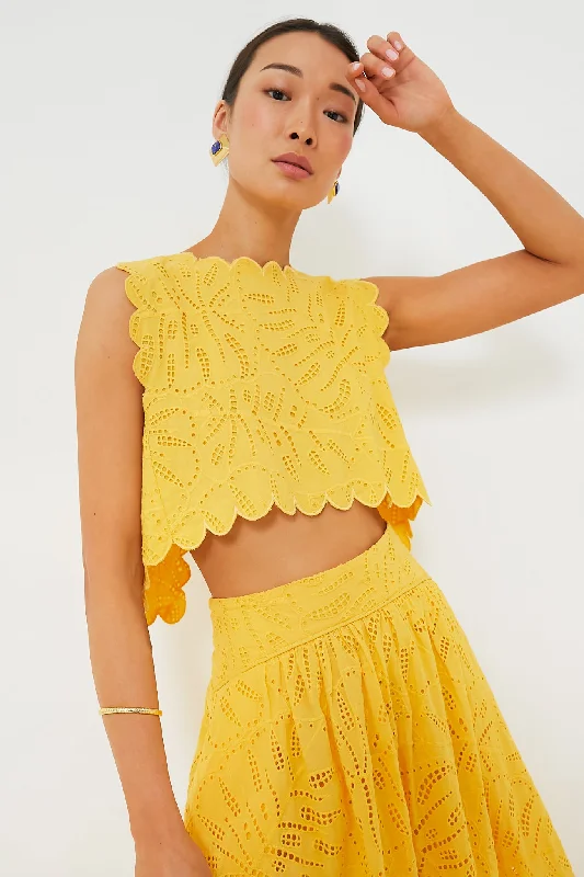 Yellow Monstera Eyelet Crop Top