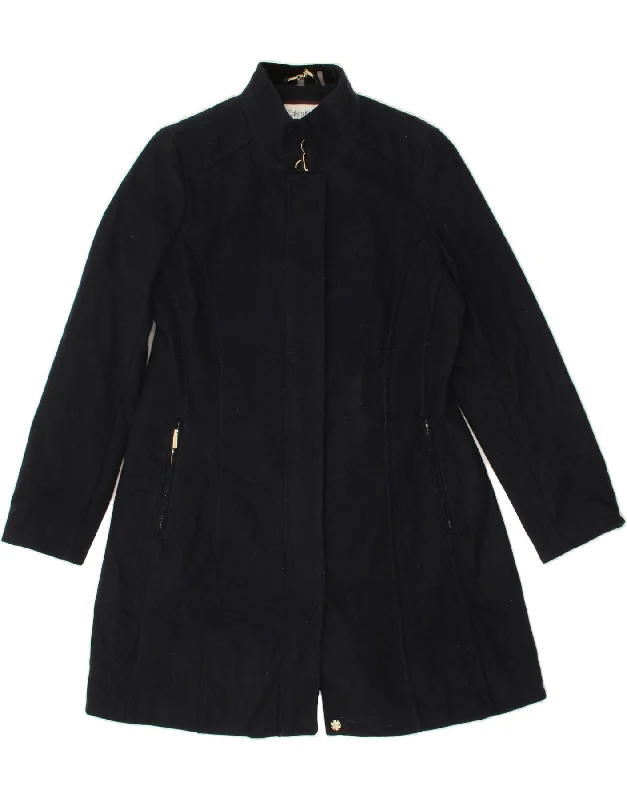 CALVIN KLEIN Womens Overcoat UK 14 Large Navy Blue Wool