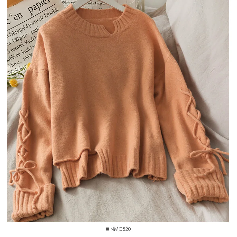 New drawstring lace up long sleeve loose Pullover Sweater  1709