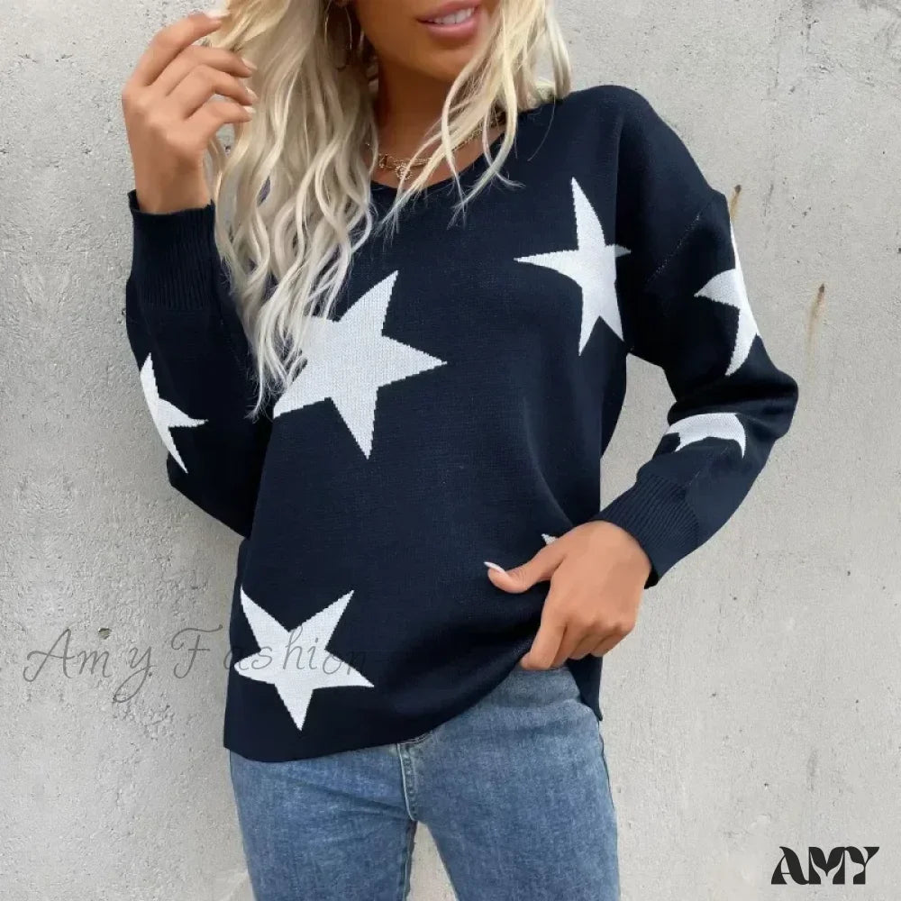 Knitted Loose Casual O-neck Star Thick Elegant Winter Sweater