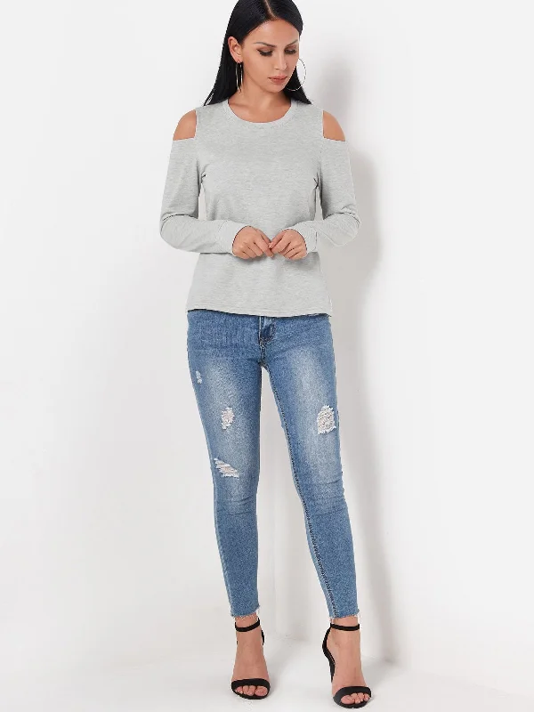 Wholesale Crew Neck Cold Shoulder Long Sleeve Grey Top