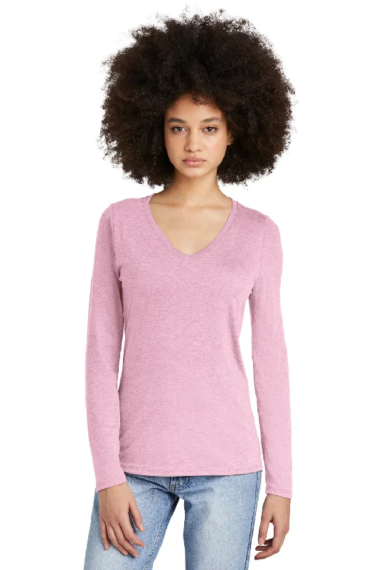 District Womens Perfect Tri Long Sleeve V-Neck T-Shirt - Heather Wisteria Pink