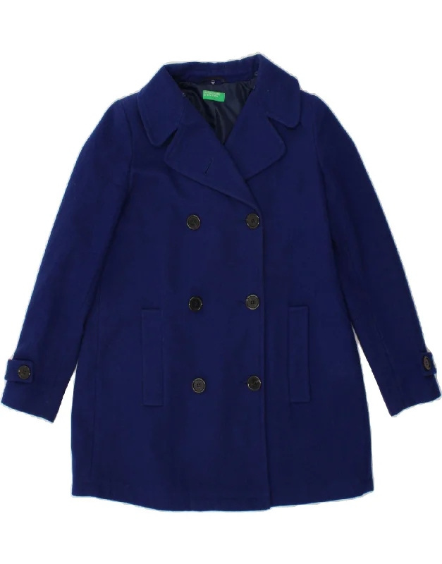 BENETTON Womens Pea Coat UK 8 Small Blue Wool