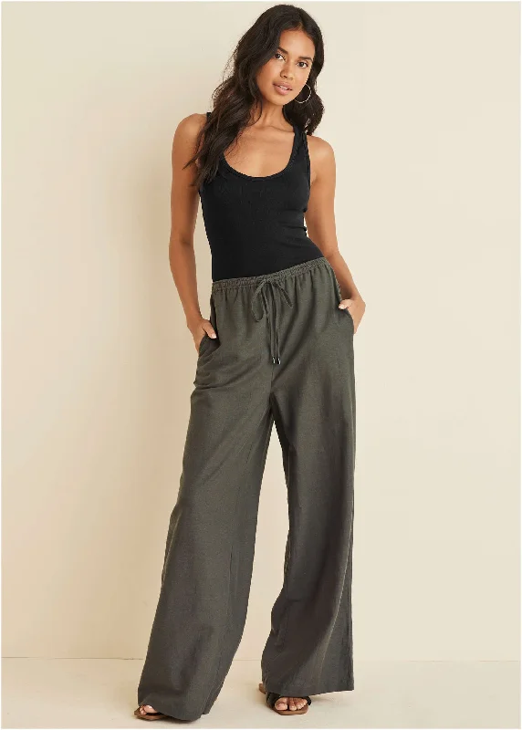 Cotton Linen Wide Leg Pant - Olive