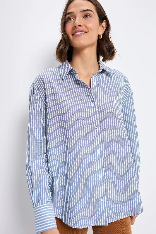 Washed Blue Pointelle Stripe Nadine Boyfriend Button Down