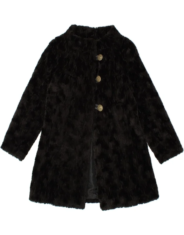 VINTAGE Womens Faux Fur Overcoat UK 10 Small Black Acrylic