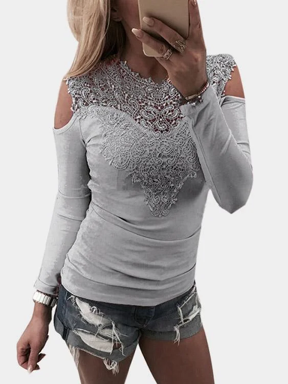 OEM ODM Cold Shoulder Plain Lace Cut Out Long Sleeve Grey T-Shirts