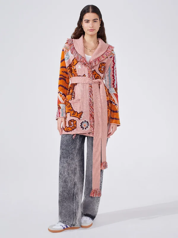 Tibetan Tiger Merino Jacquard Short Cardigan Pink