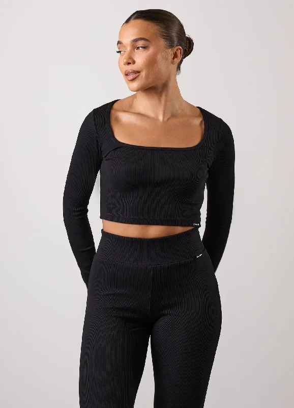 Gym King 365 Rib Long Sleeve Crop Tee - Black