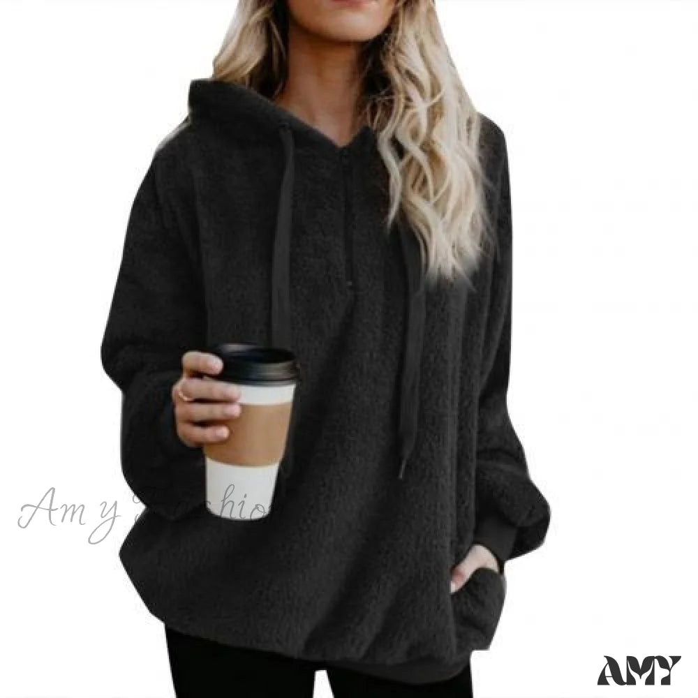 Amy Fashion - Solid Color Zip Up Fluffy Hoodie