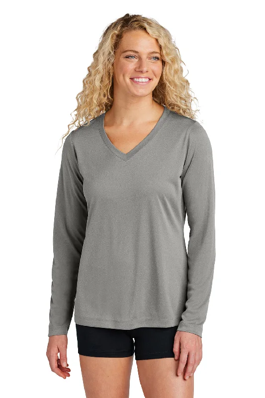 Sport-Tek Womens Competitor Moisture Wicking Long Sleeve V-Neck T-Shirt - Heather Concrete Grey